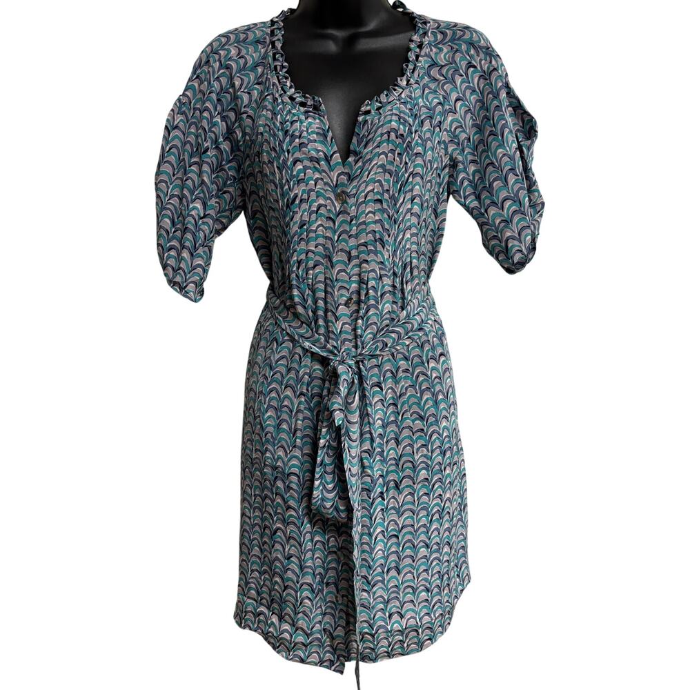 Rebecca Taylor Womens Silk Shirt Dress Size 2 Blue Geometric Print Tie Waist